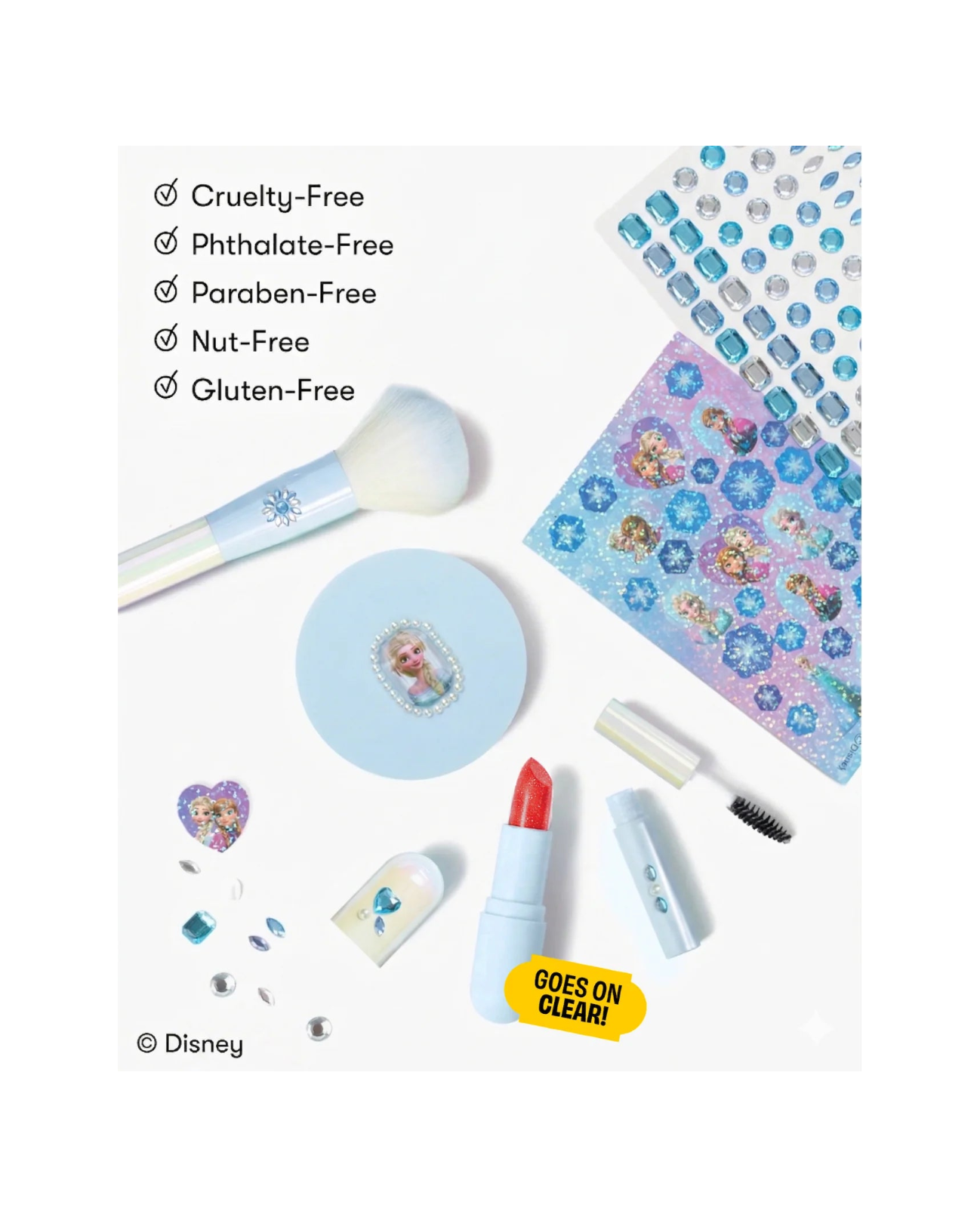 Supersmalls Disney Frozen Elsa Makeup Kit — officially licensed kids makeup set with gem stickers and glitter in icy blue tones, shown in yellow gift box
