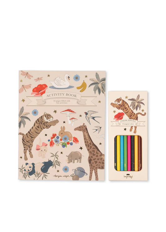 activity book with colouring pencils