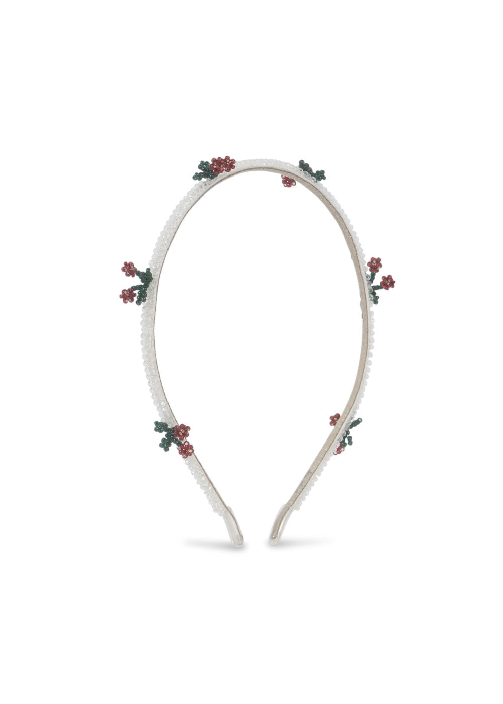 Konges Sløjd Pearly Cherry Headband — delicate hand-beaded pearl and cherry motif kids headband, flat lay on white background