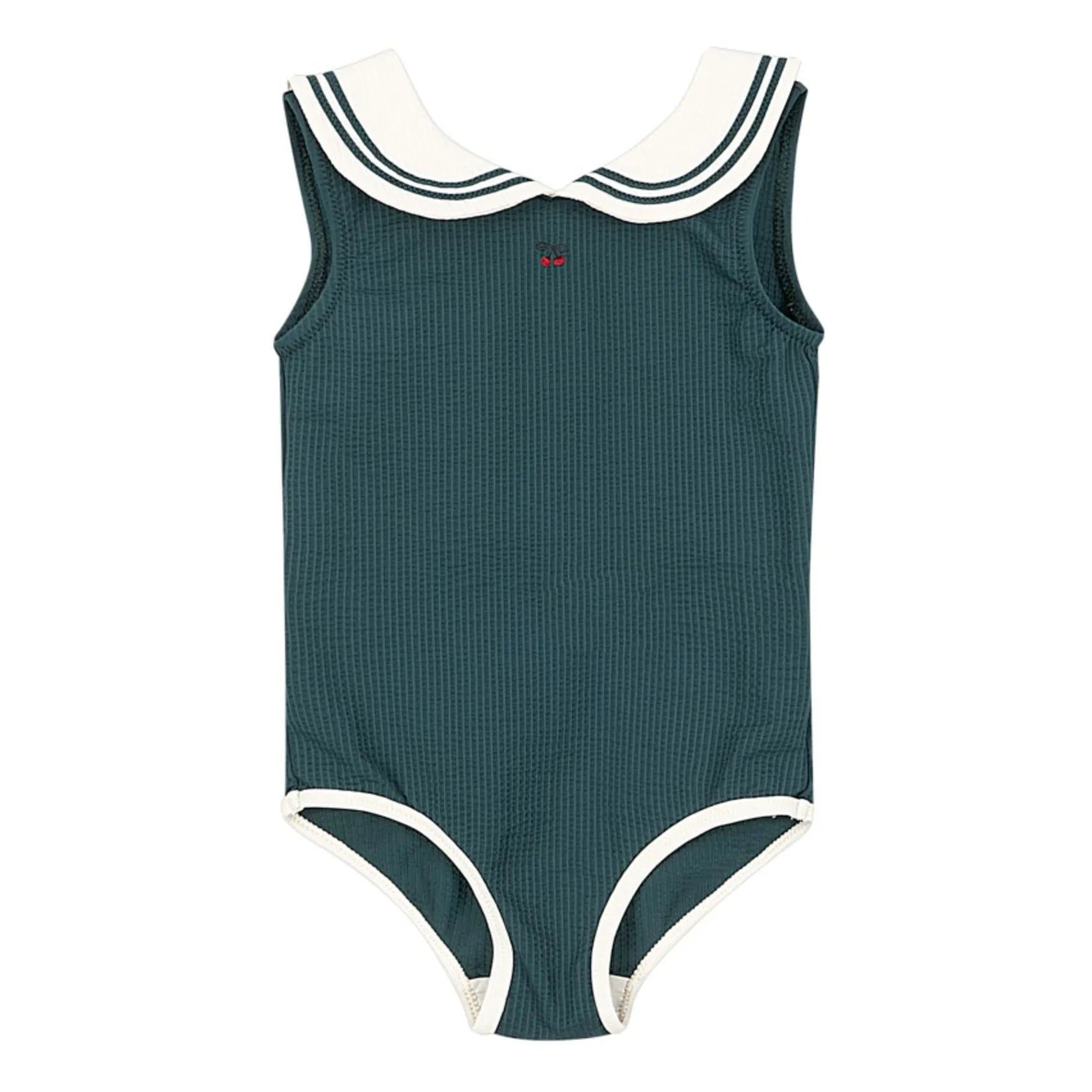 Konges Sløjd Sailor Recycled Fiber Rib Swimsuit — deep teal ribbed kids one-piece swimsuit with white sailor collar trim, flat lay on white background
