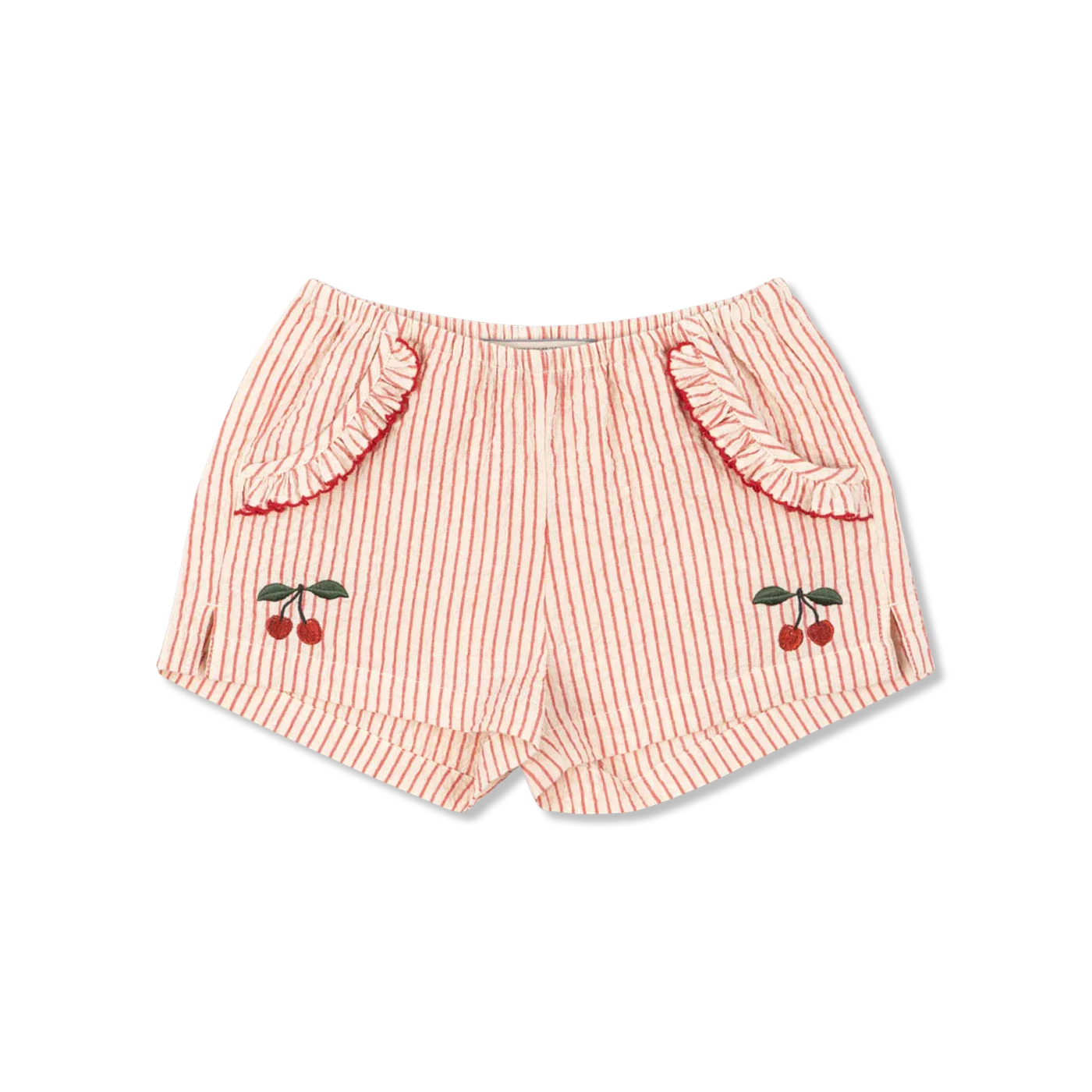 Konges Sløjd Ellie Frill Shorts GOTS Amour Stripe — pink and white stripe organic cotton kids shorts with cherry embroidery and frill pocket details, flat lay on white background