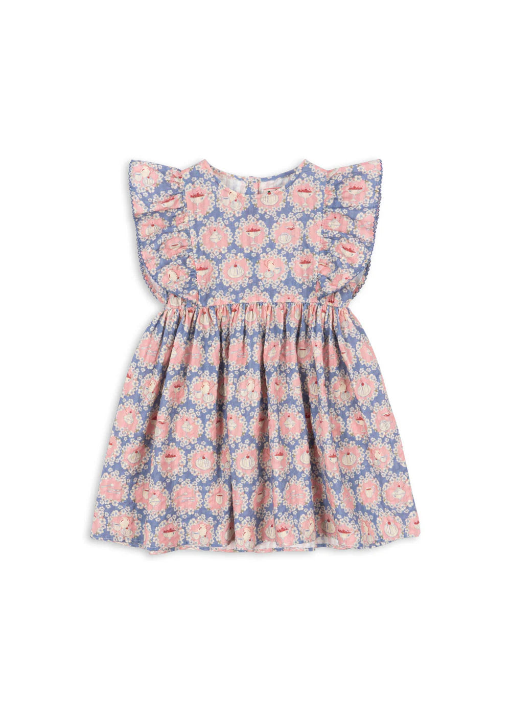 Konges Sløjd Kim Frill Dress — pink and blue floral print organic cotton kids dress with frill details and full skirt, flat lay on white background