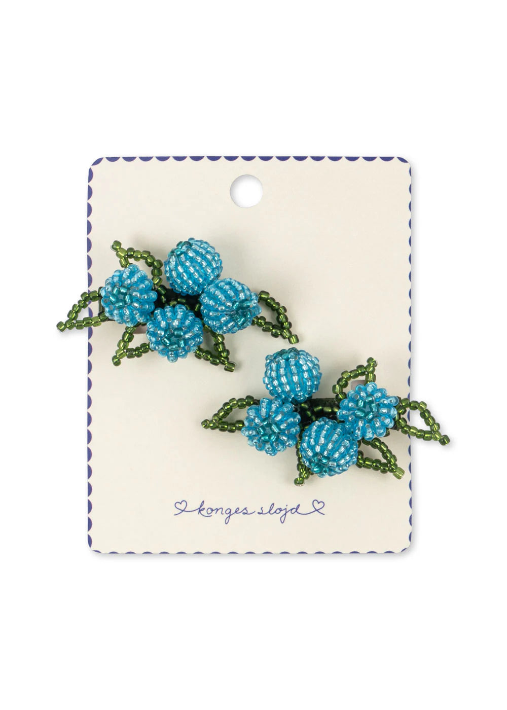 Konges Sløjd 2 Pack Blueberry Beaded Hair Clip — pair of teal blue beaded hair clips with blueberry-inspired detail, shown on white background