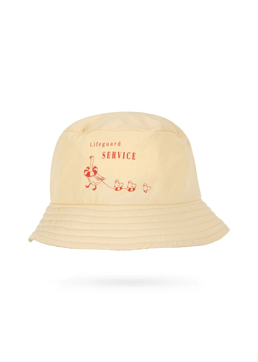 Konges Sløjd Pomio Bucket Hat — buttery yellow kids bucket hat with red floral embroidery and vintage-inspired lettering, shown on white background