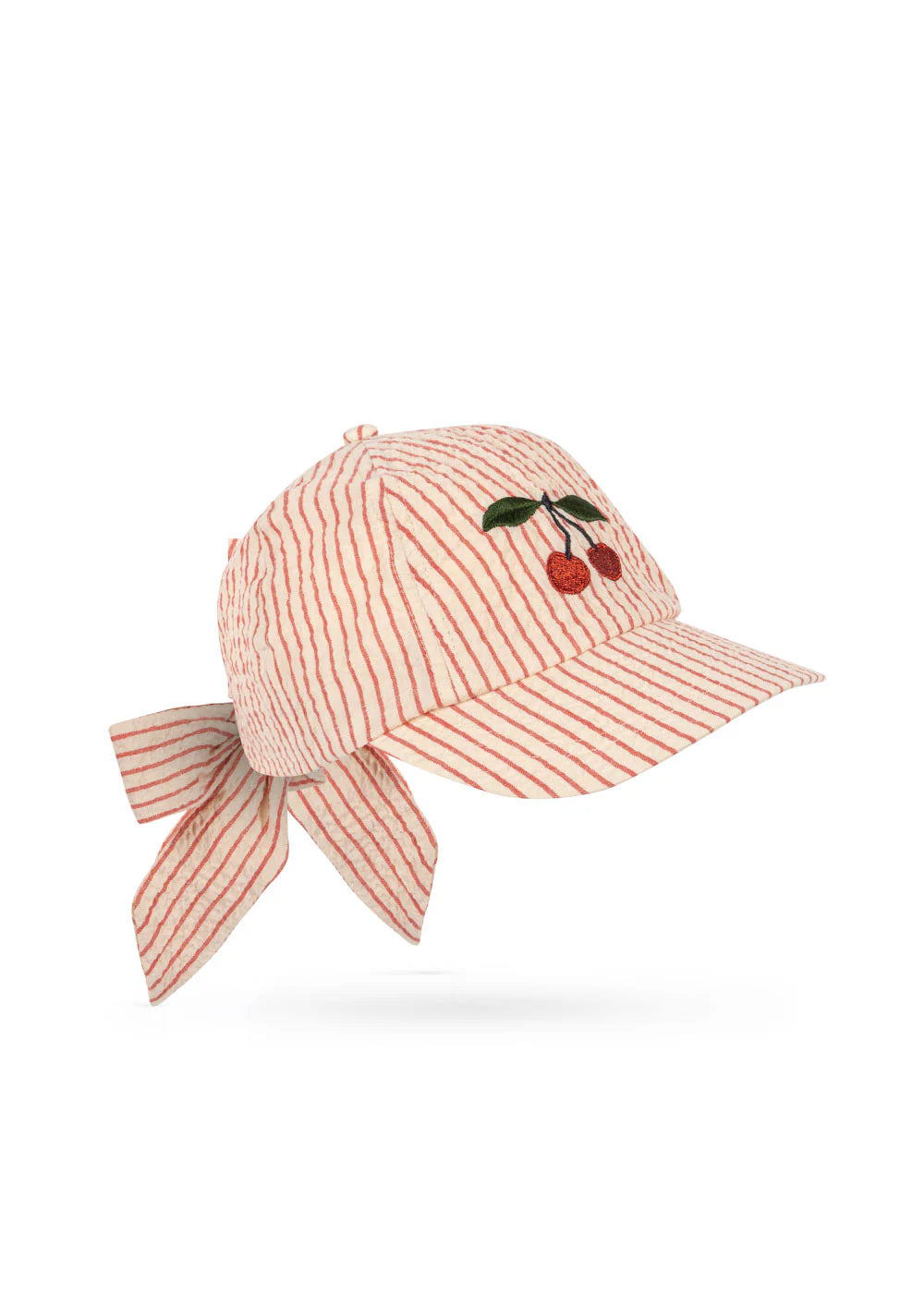 Konges Sløjd Ellie Bow Cap — pink stripe kids cap with cherry embroidery and bow detail at the back, shown on white background
