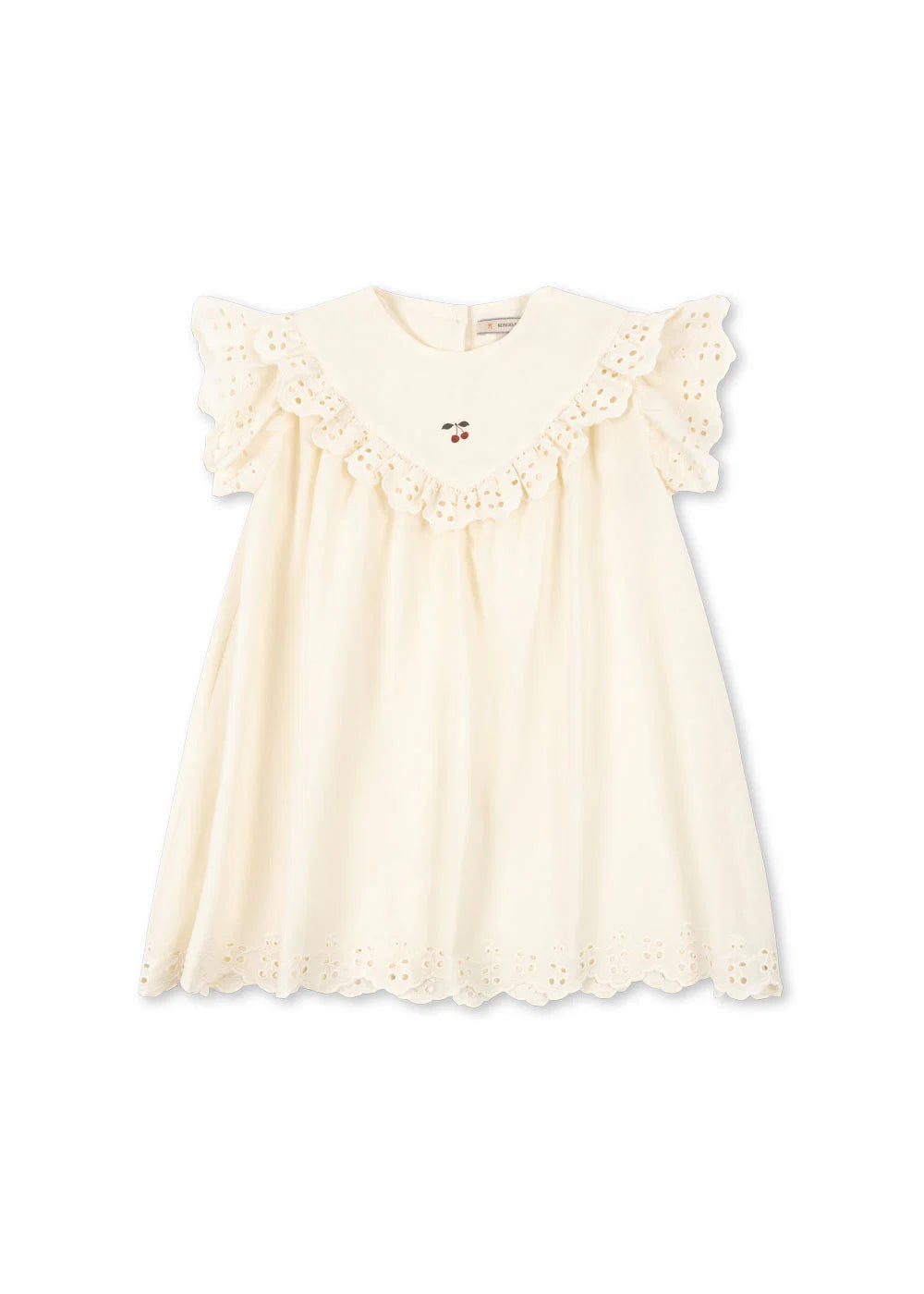 Konges Sløjd Posey Dress — off-white organic cotton kids dress with broderie anglaise embroidery and flutter sleeves, flat lay on white background
