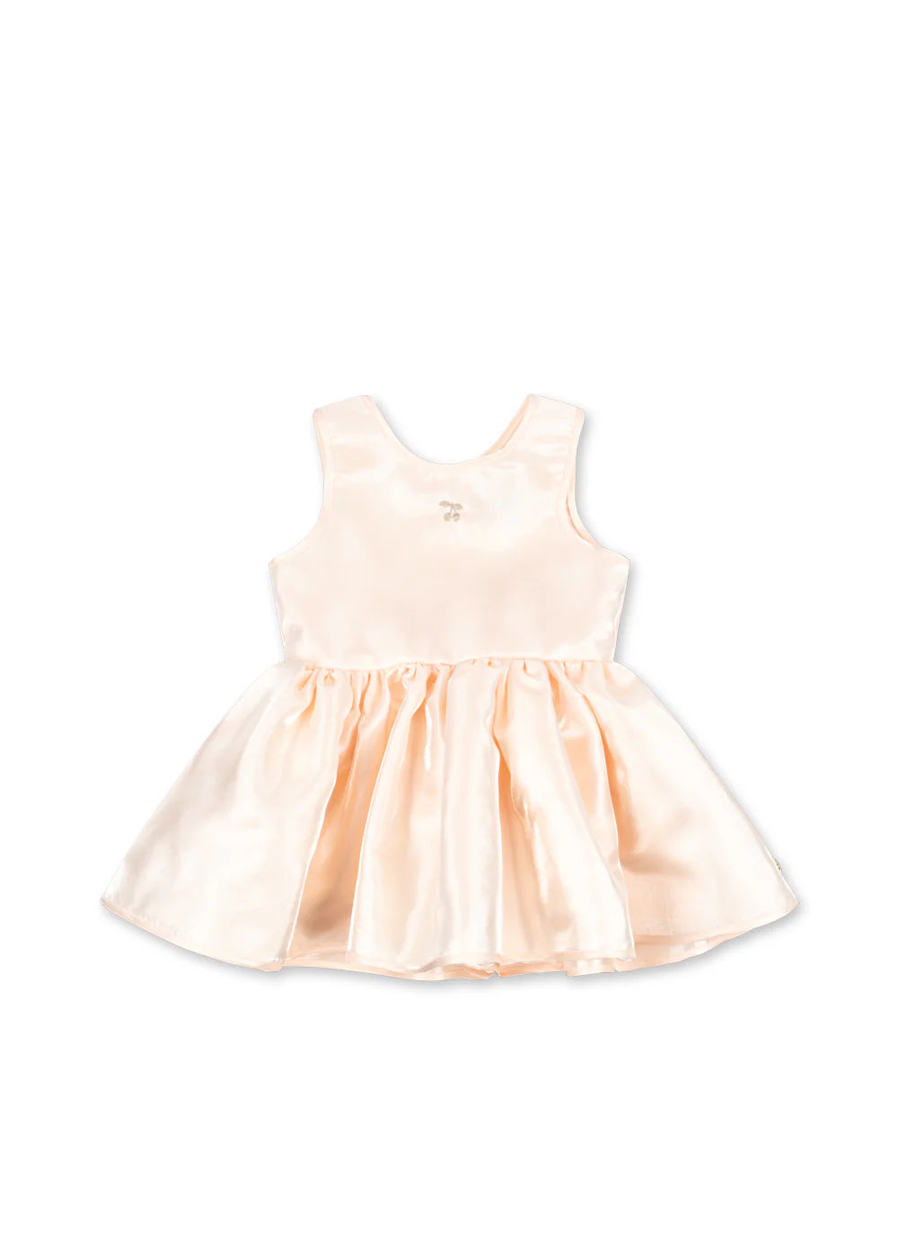 Konges Sløjd Bellis Dress — soft blush pink organic cotton kids dress with bow shoulder detail and full skirt, flat lay on white background