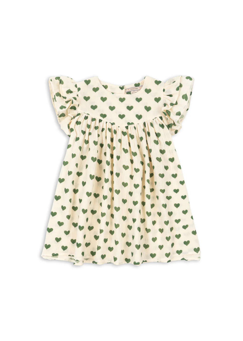 Konges Sløjd Coco Dress — cream organic cotton kids dress with all-over green heart print and flutter sleeves, flat lay on white background