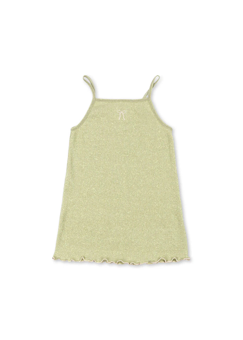 Konges Sløjd Roli Strap Dress — soft olive green organic cotton kids strap dress with frill hem, flat lay on white background