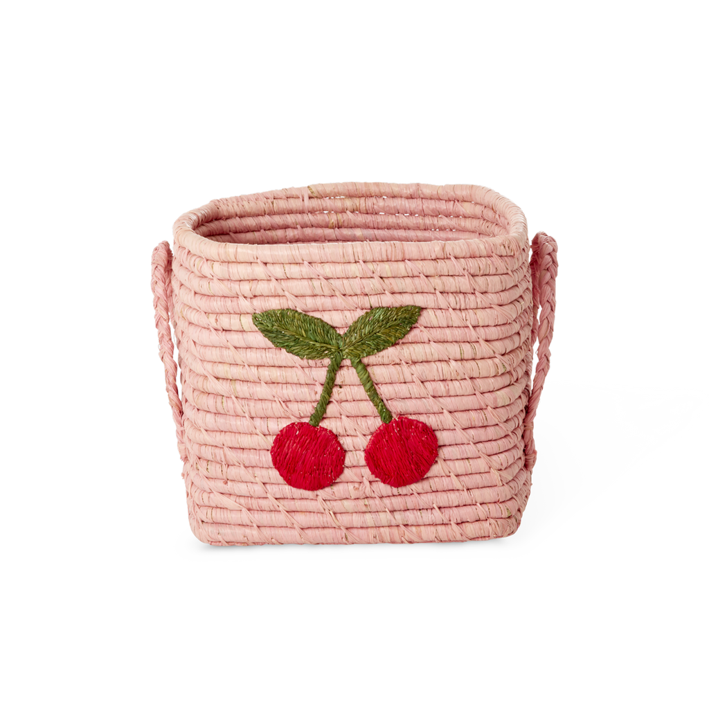 riceby rice square raffia basket pink cherry embroidered storage basket
