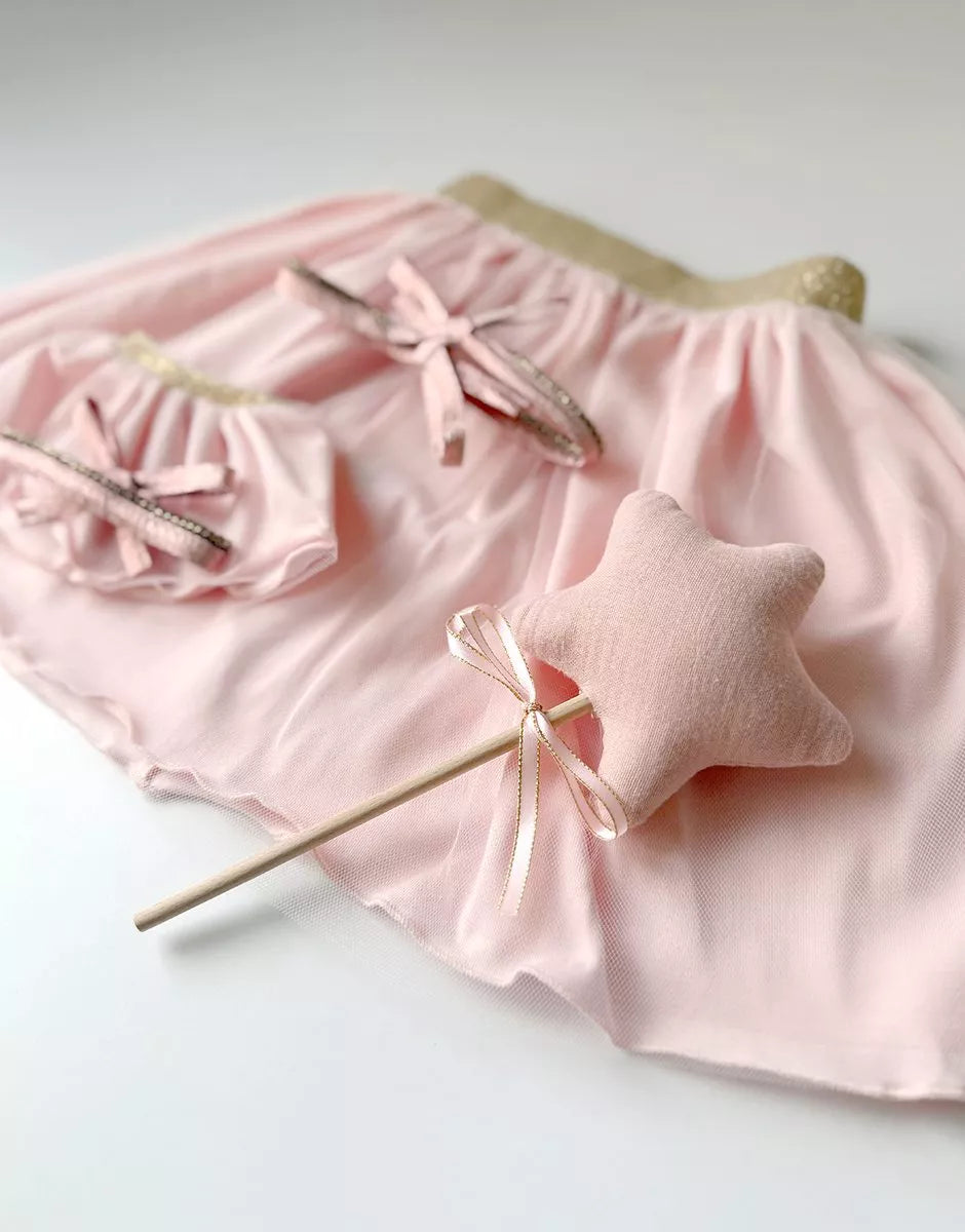 Les P'tits Déguiz - Duo de tutus Deva enfant/poupée et sa baguette magique avec étoile en tissu rose