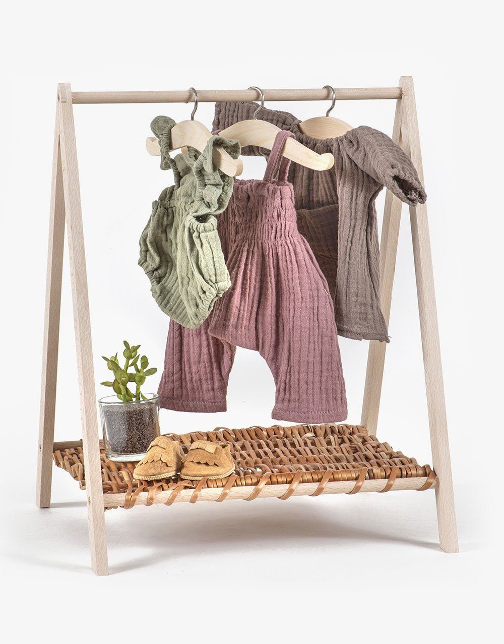 Wendy Wooden Doll Clothing Rack with Rattan Shelf | Minikane