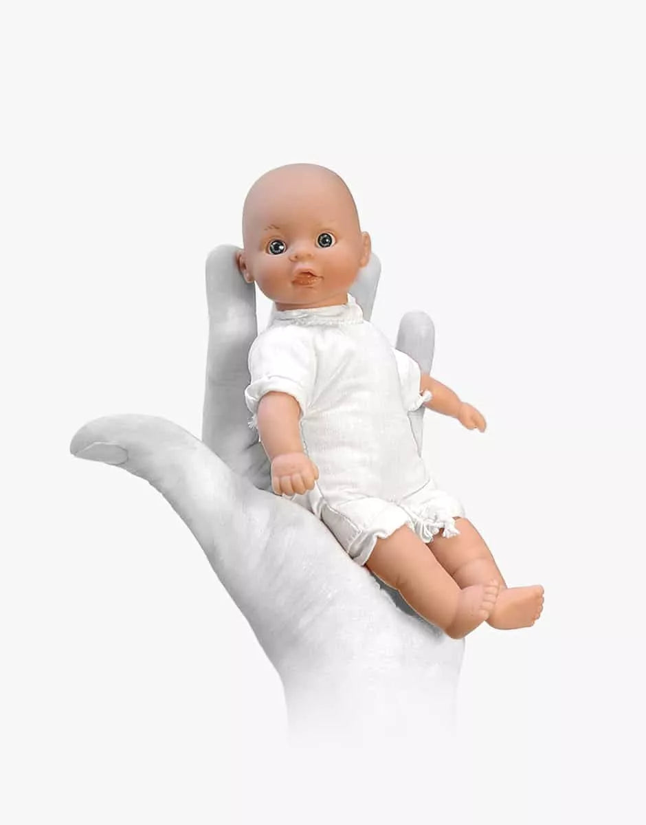 Teo Doll with Dark Eyes & Sky Blue Vichy Moses Basket | Minikane