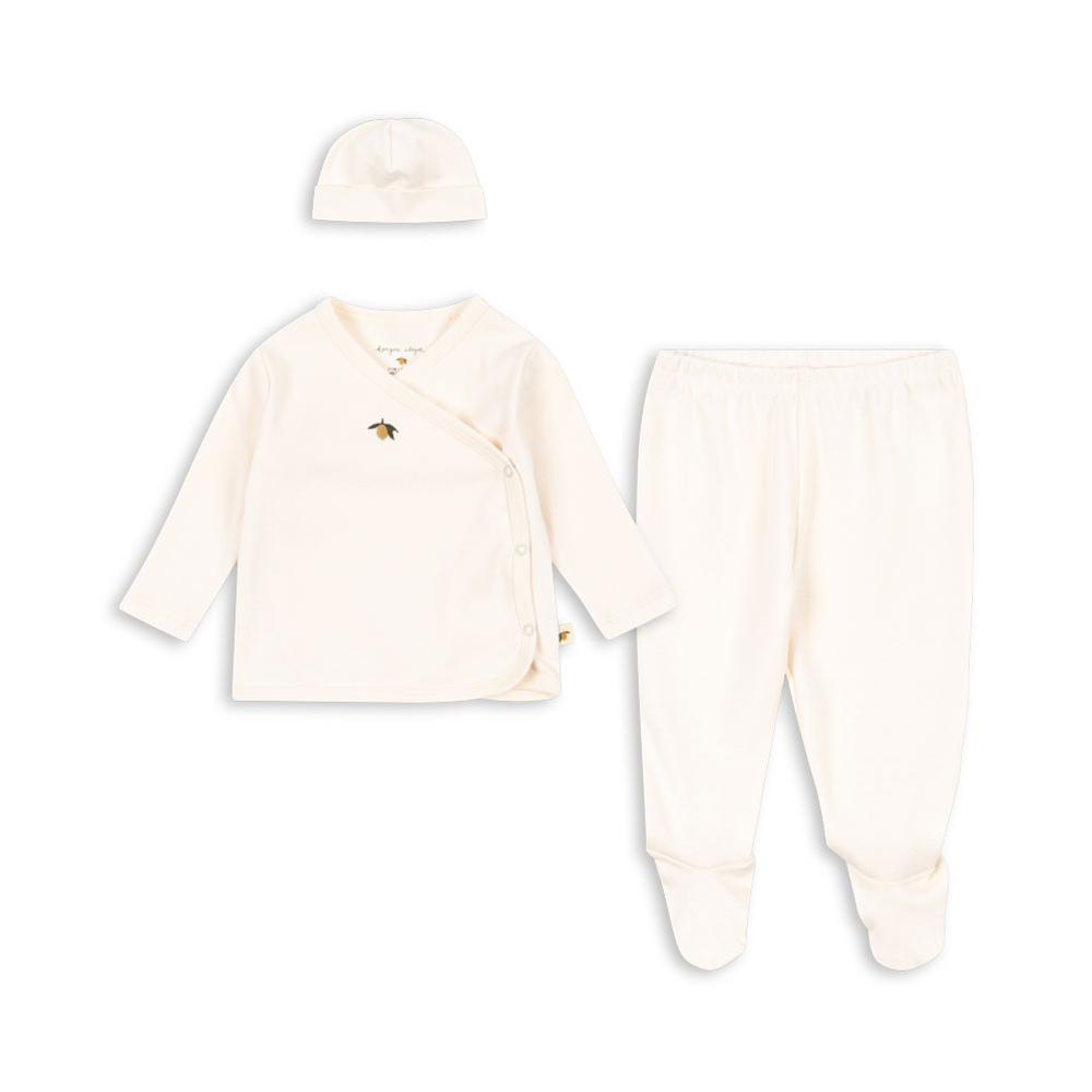 Konges Sløjd Take-Me-Home Set Antique White — full gift set of cardigan, footed pants, and baby hat
