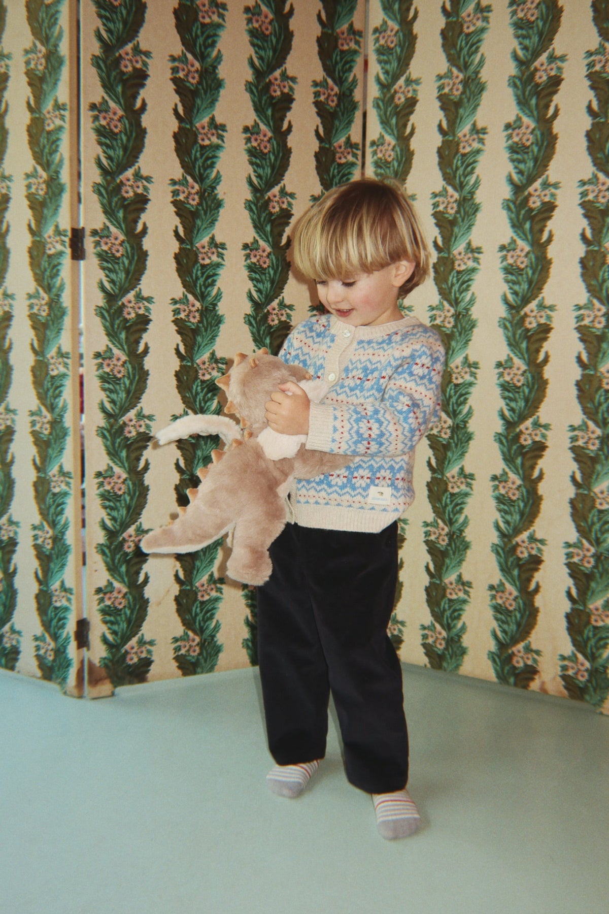Konges Sløjd Billi Knit Cardigan in Blue Multi, lifestyle image worn by child