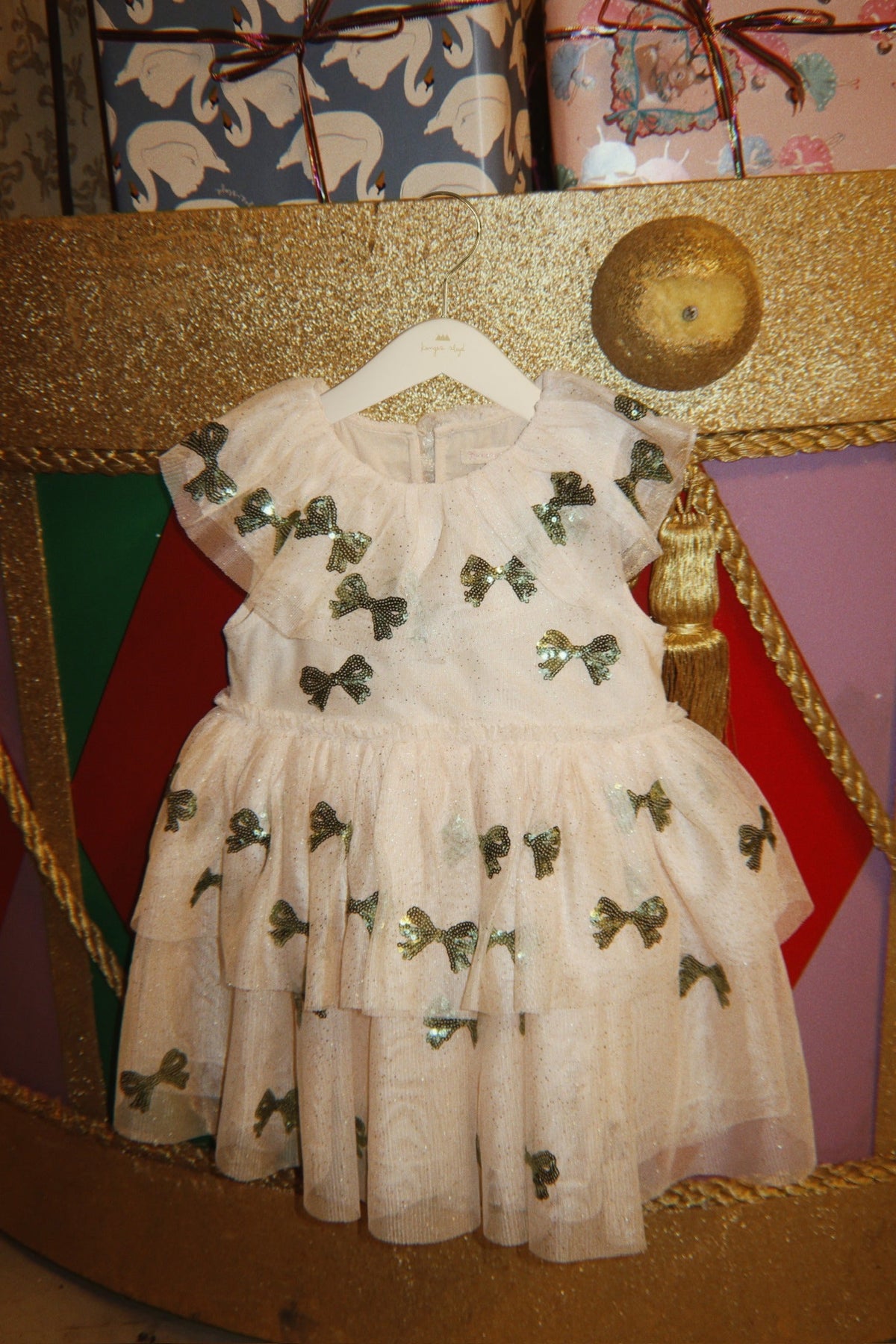 Girl wearing Konges Sløjd Yvonne Fairy Dress in Bowie Fir Sequin