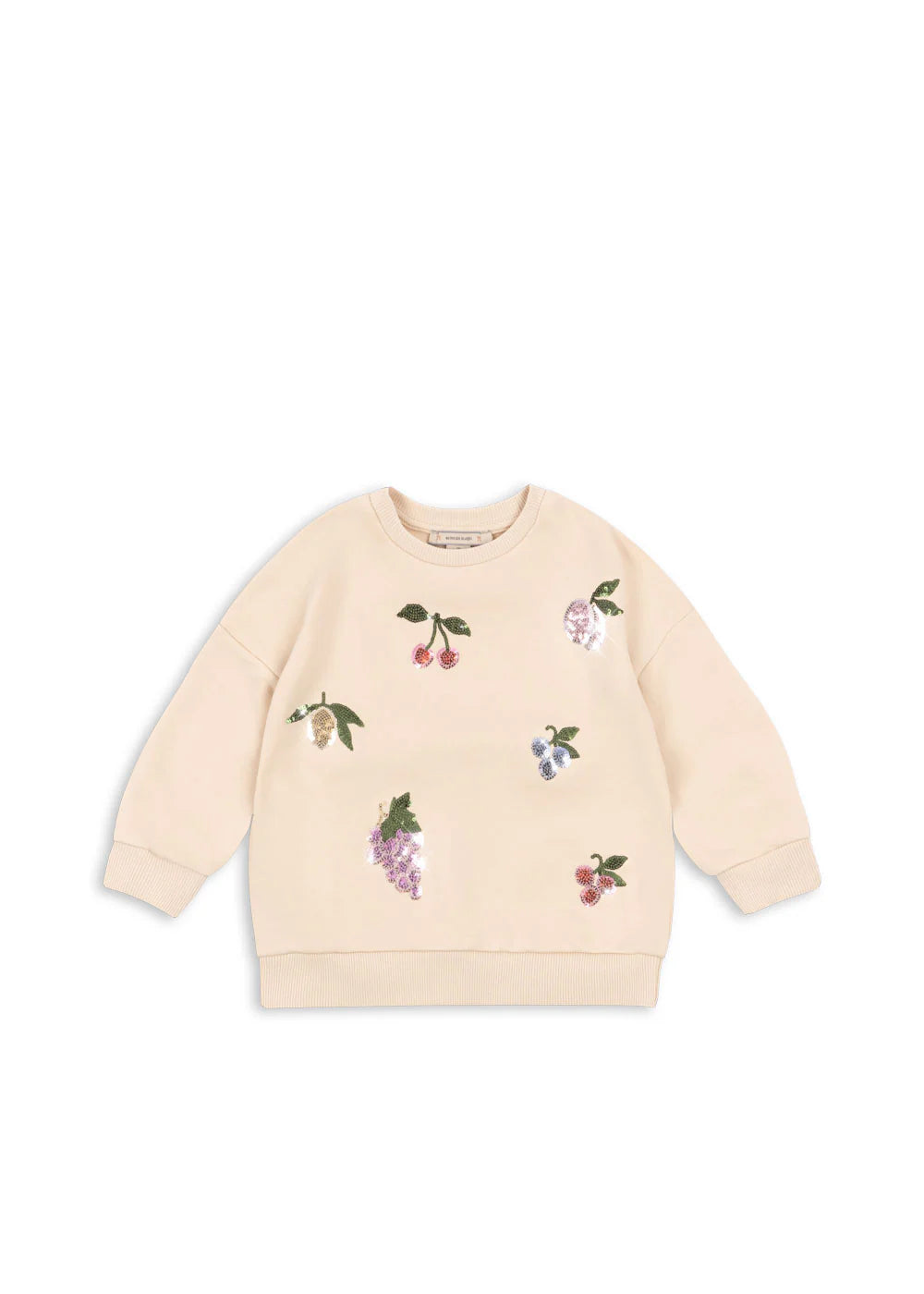 Konges Sløjd Lou sweatshirt for kids in Brazilian Sand with sequin cherry and grape fruit patterns