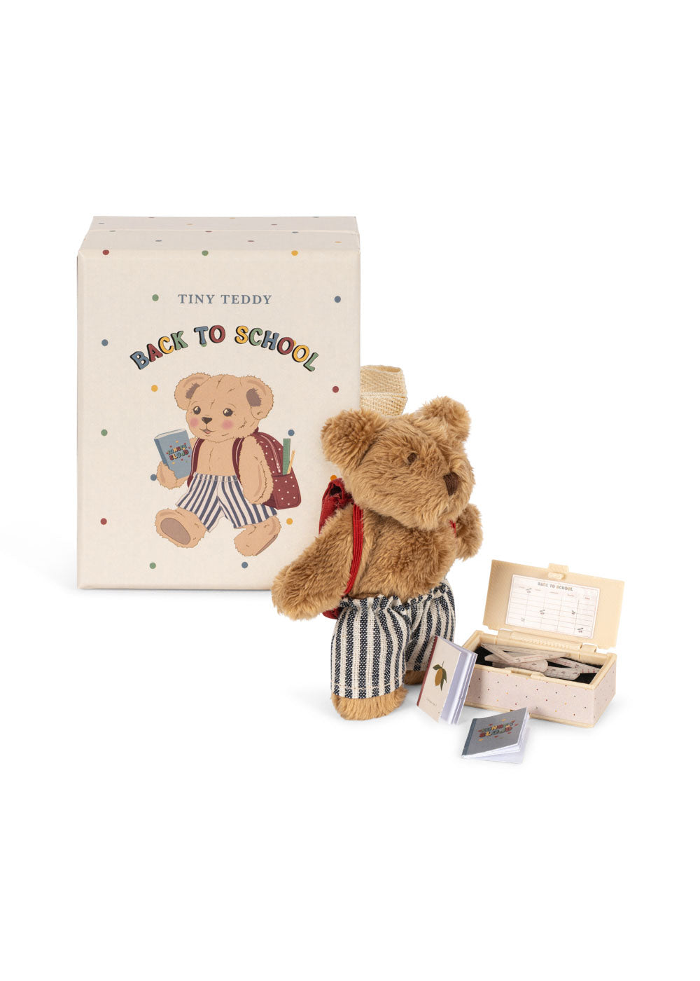 Konges Sløjd Tiny Teddy Back to School — plush bear dressed with school bag, pencil case, and books on cream background