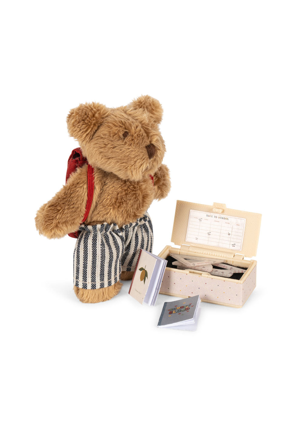 Konges Sløjd Tiny Teddy Back to School — close-up of school bag and pencil case accessories