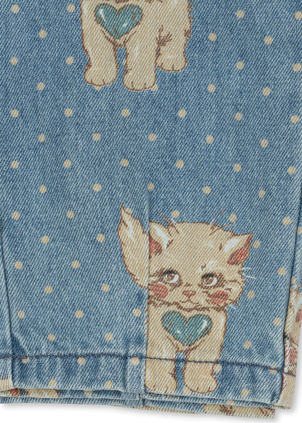 Konges Sløjd Magot Frill Pants Ciao Miao — detail of denim print and wash