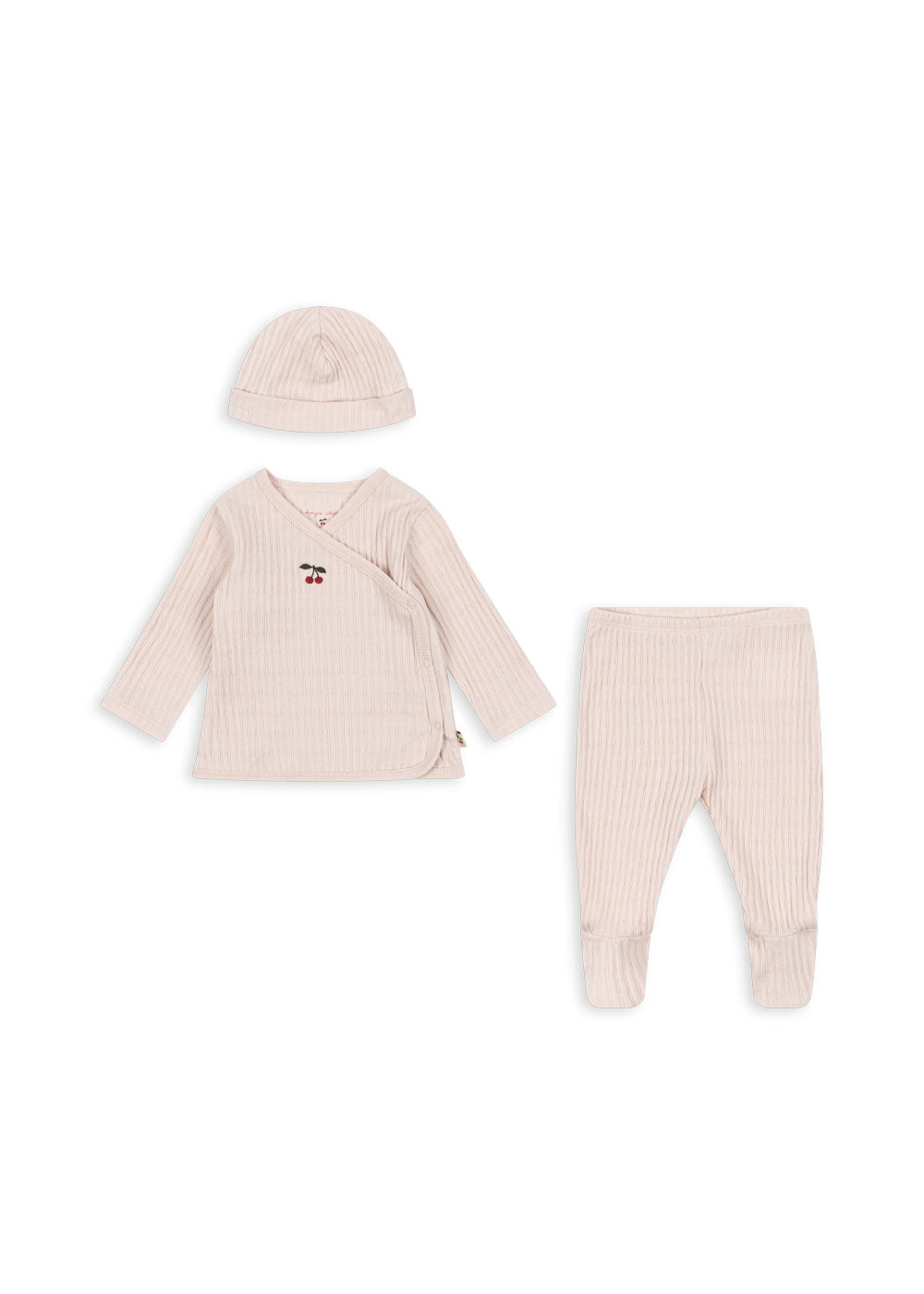 Konges Sløjd Take-Me-Home Set Shell — full gift set of cardigan, footed pants, and baby hat