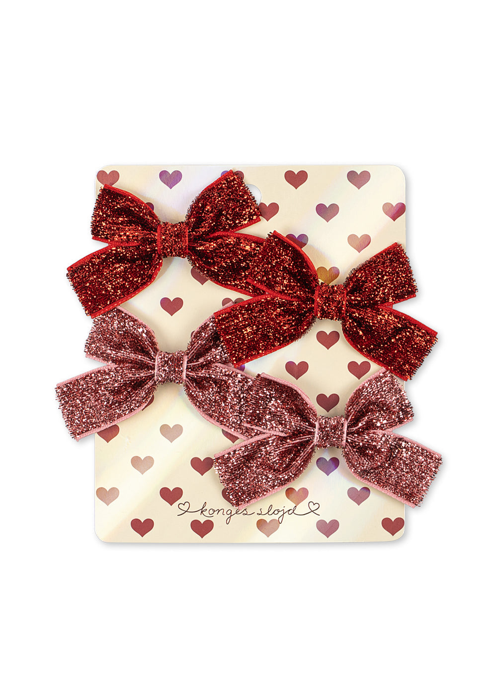 Konges Sløjd 4 Pack Micki Bow Hair Clips in Red Glitter/Rose Glitter, product view of all four clips
