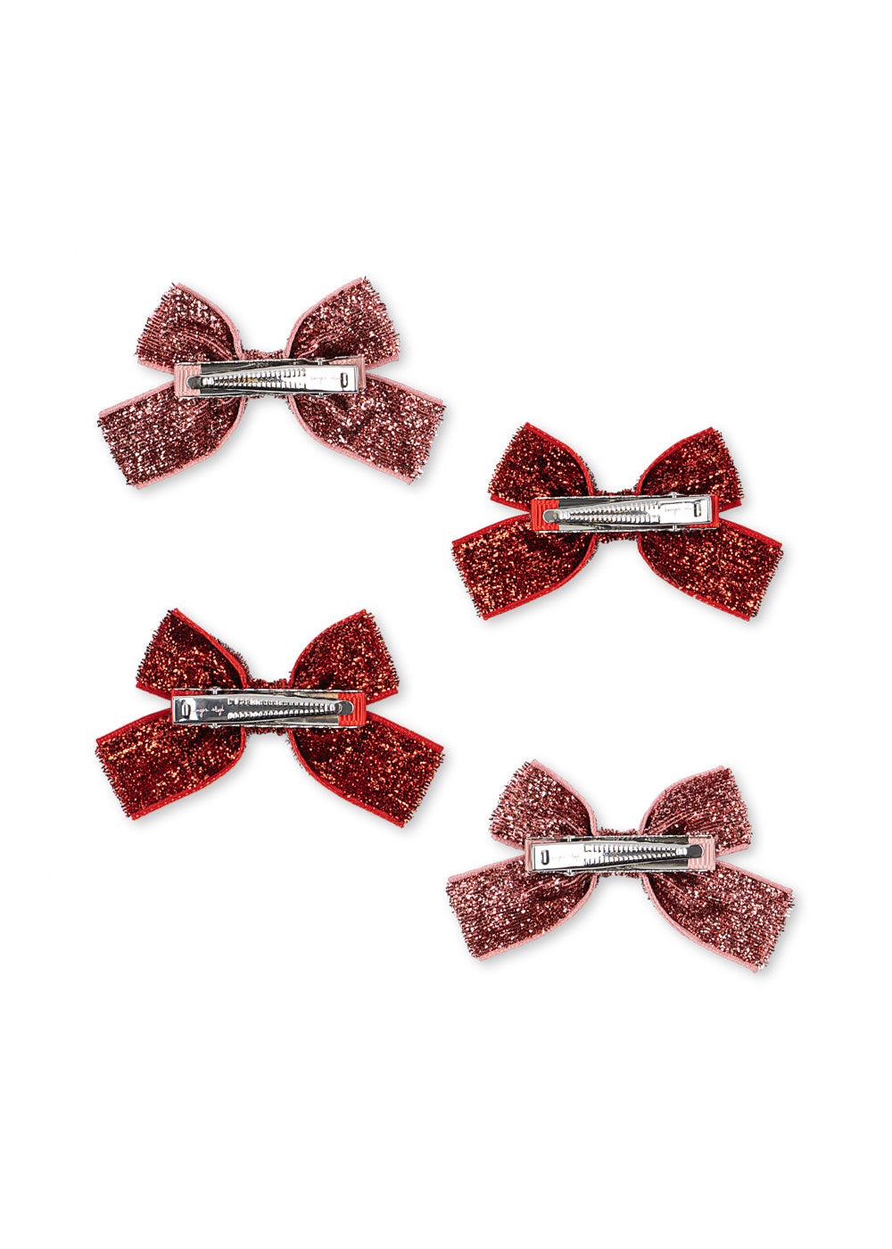 Konges Sløjd 4 Pack Micki Bow Hair Clips in Red Glitter/Rose Glitter, glitter bow detail
