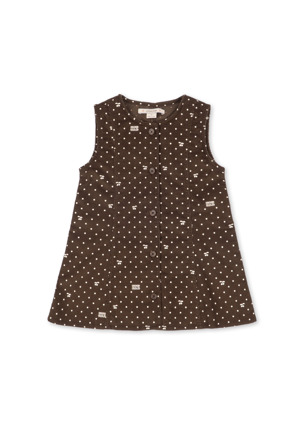 Brown sleeveless Konges Sløjd Cara dress with white dot and cherry print, front view