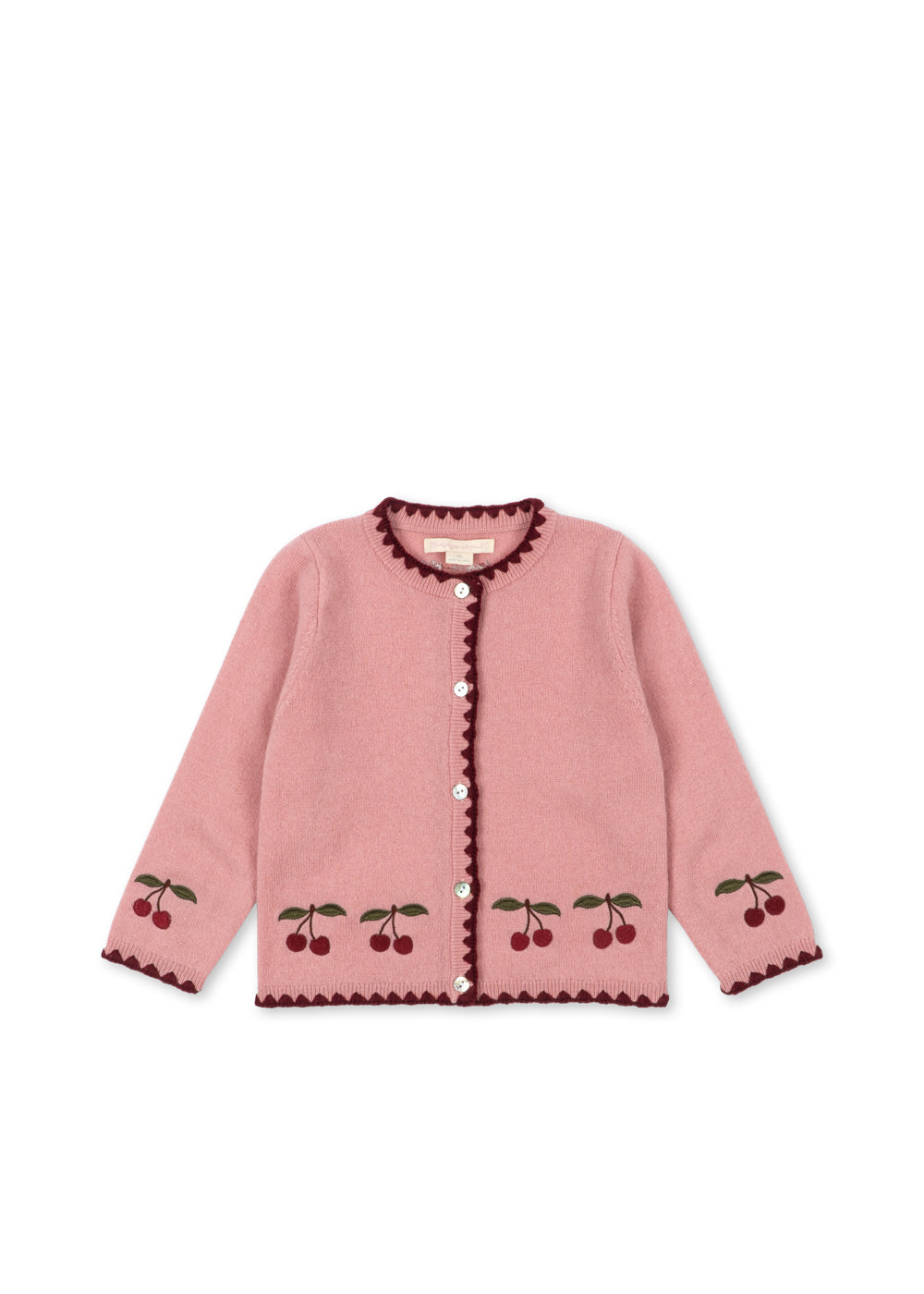 Pale pink Konges Sløjd Collette wool cardigan with burgundy scalloped trim and cherry embroidery, front view