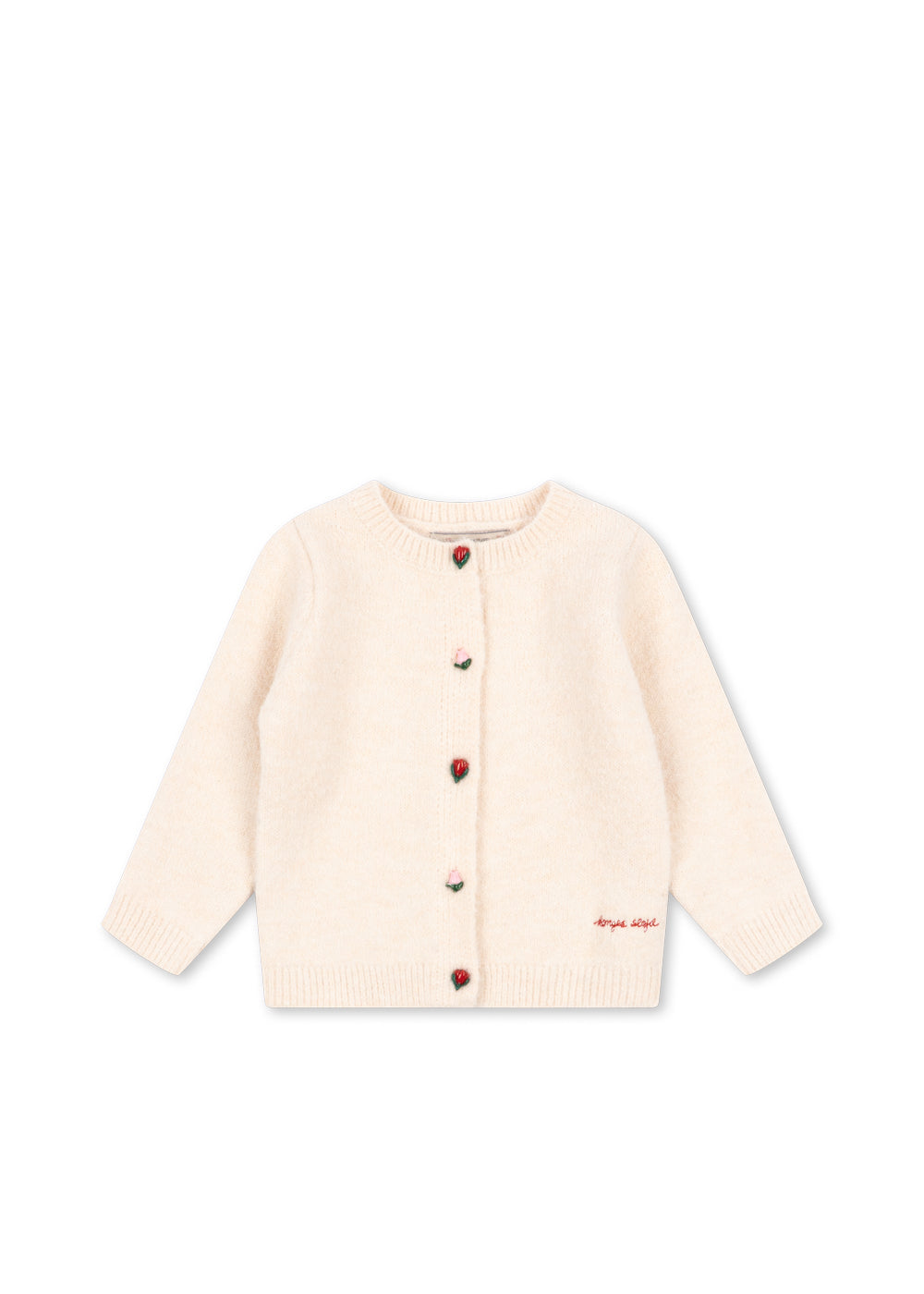 Cream Konges Sløjd Fleuri brushed knit cardigan with rosebud buttons, front view