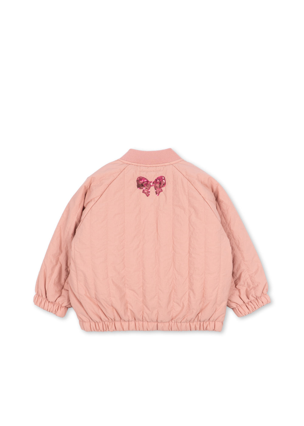Back view of the pink Juno sequin bomber with a small sequin bow