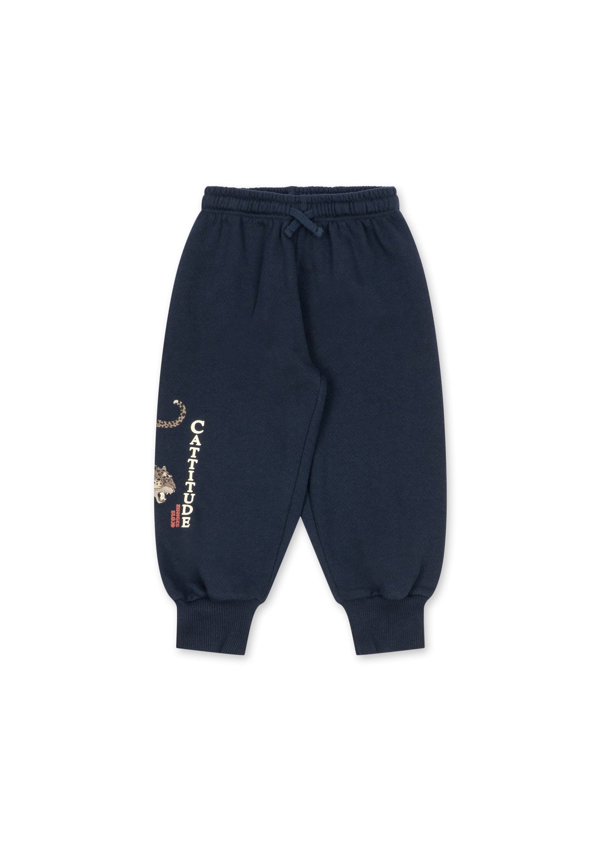 Navy Konges Sløjd Loupy organic cotton sweatpants with a small leopard print on the leg, front view