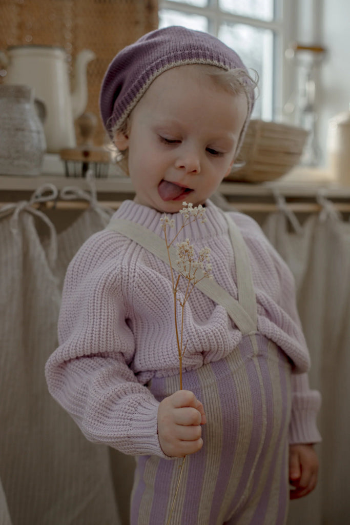 Silly Silas Footless Lavender x Cream Striped worn 1