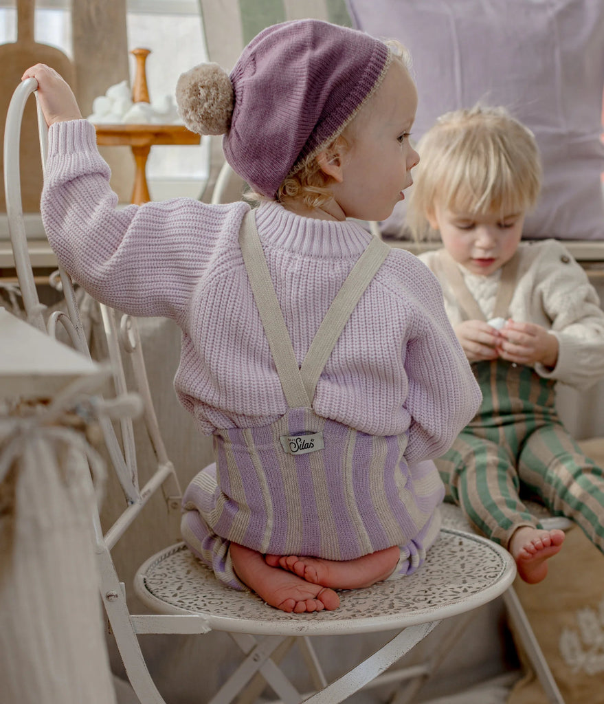 Silly Silas Footless Lavender x Cream Striped worn 3