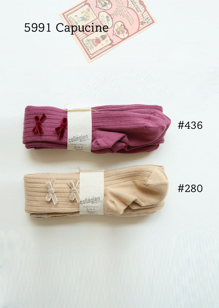 Collégien Capucine Ribbed Tights with Velvet Bows – Raisin Rose