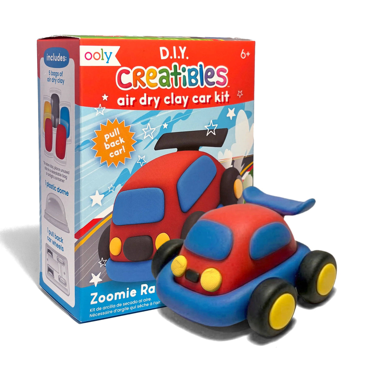 OOLY Creatibles Mini Air Dry Clay Car Kit in Zoomie Racecar, air dry clay pull-back racecar kit – packaging front
