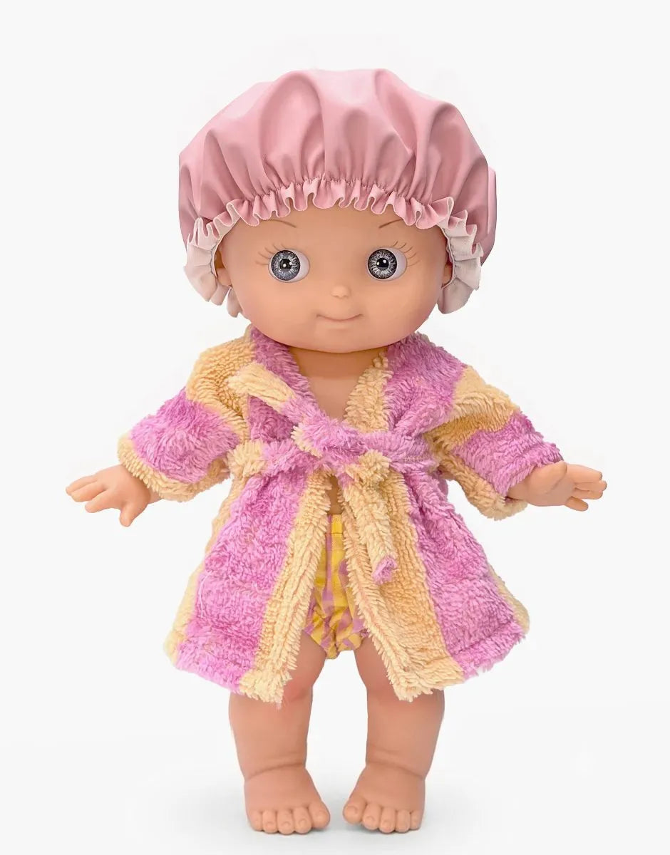 Alice Mini Pancha doll in peach and pink stripe terry bath set by Minikane