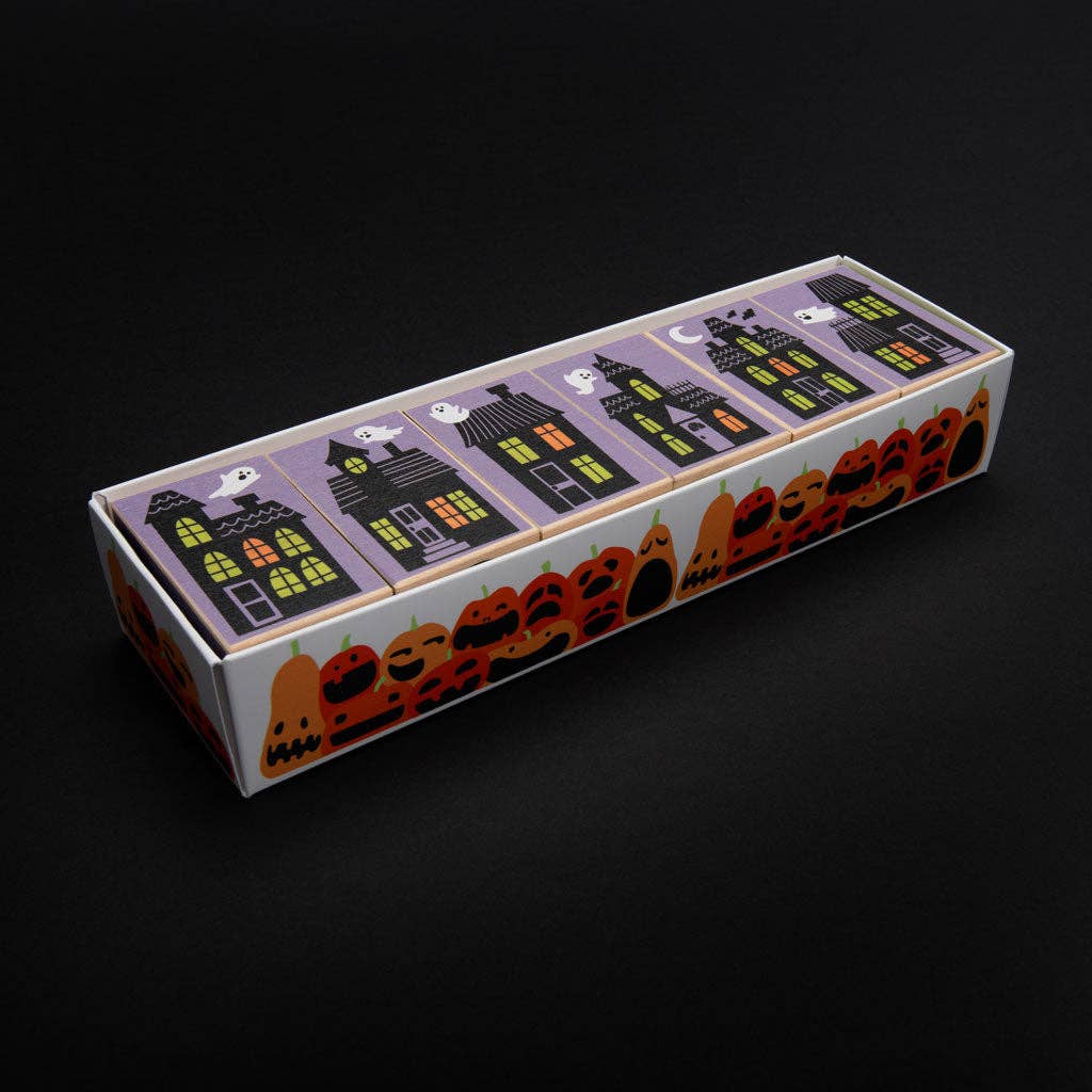 Six wooden Halloween blocks from Uncle Goose displayed side by side