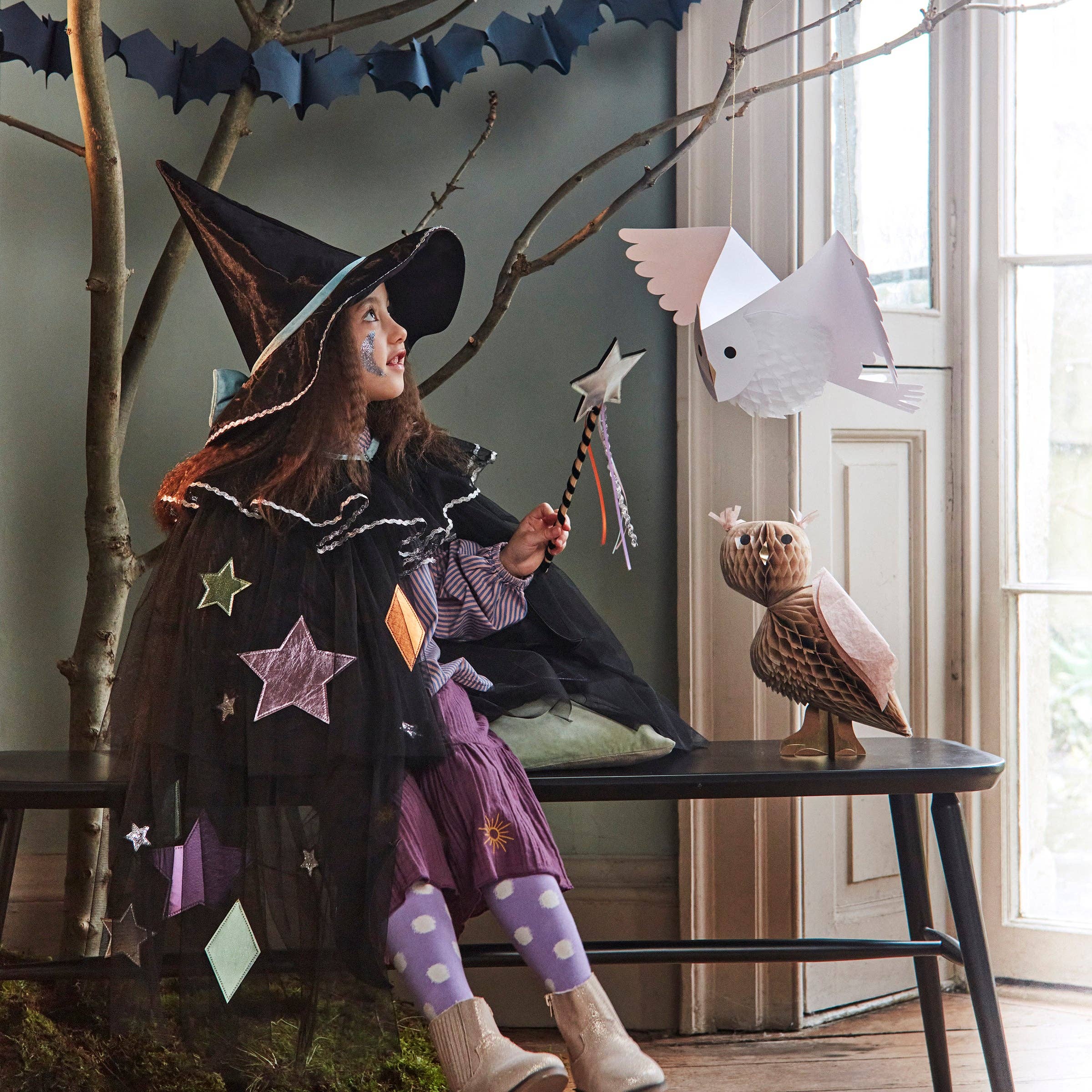 Tulle Appliqué Witch Cape, Hat & Wand worn