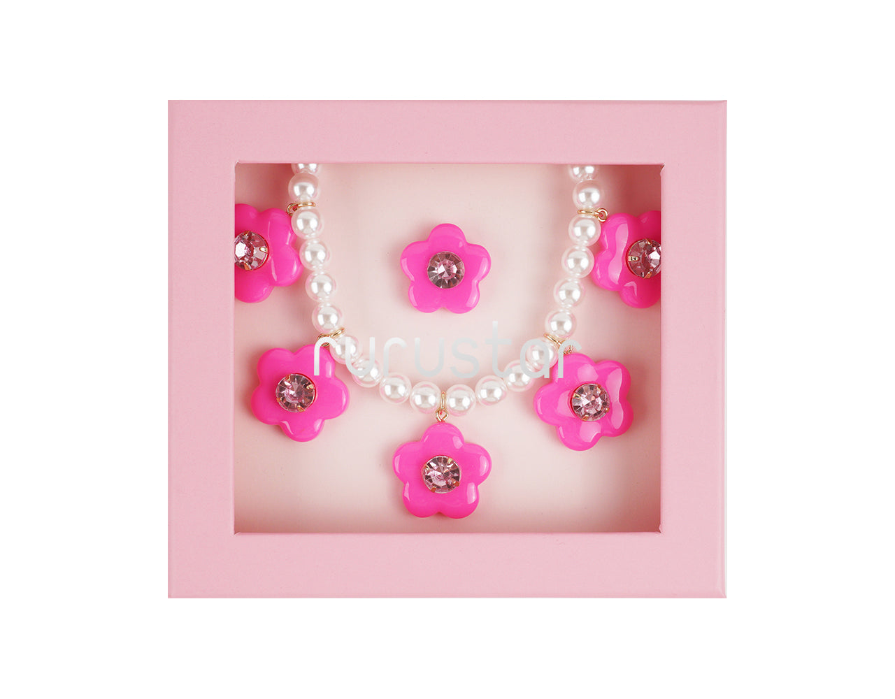 Hot Pink Floral Necklace Ring Set styled - Rurustar