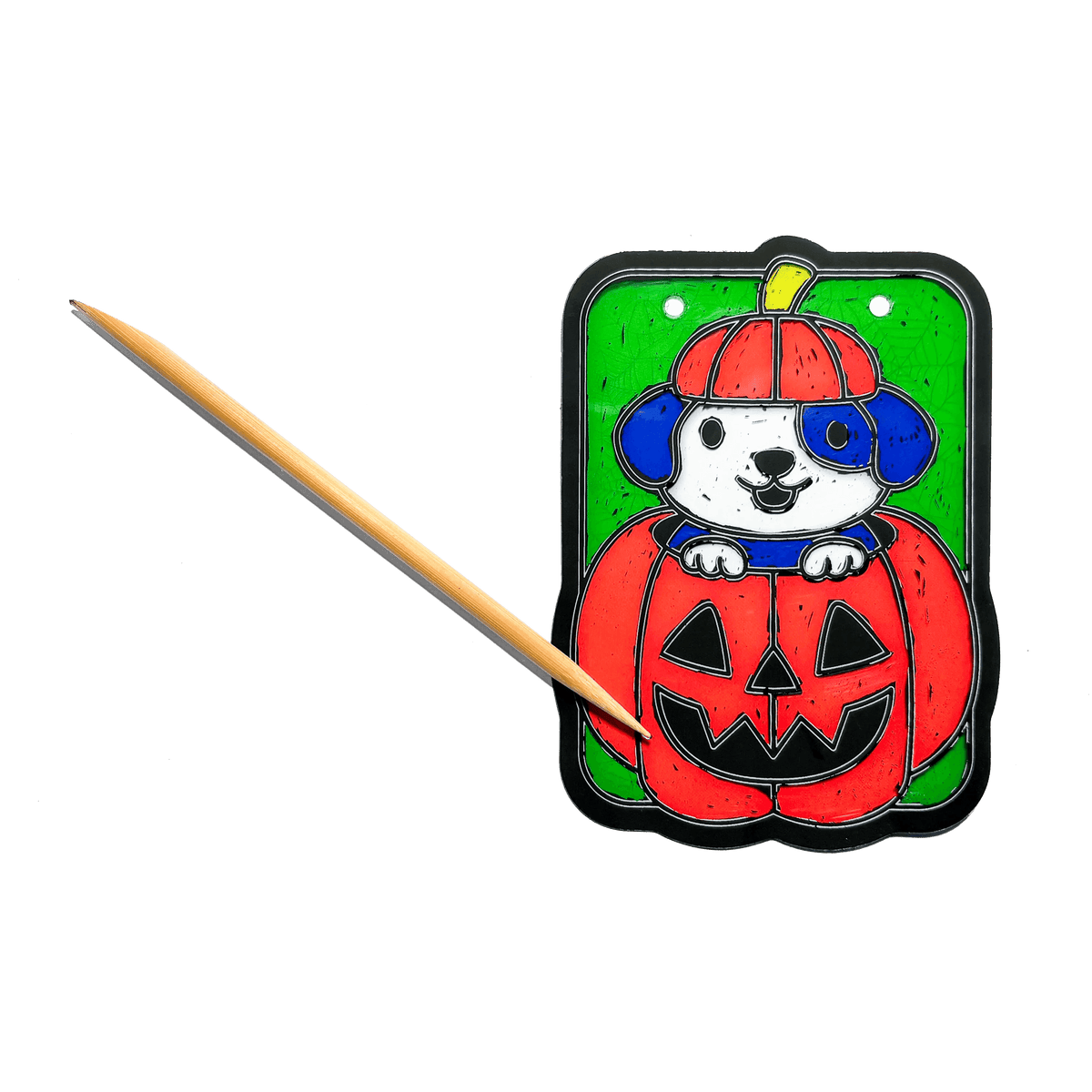 Ooly Mini Scratch & Scribble Window Banner Kit Boo Buddies, finished banner hanging in a window