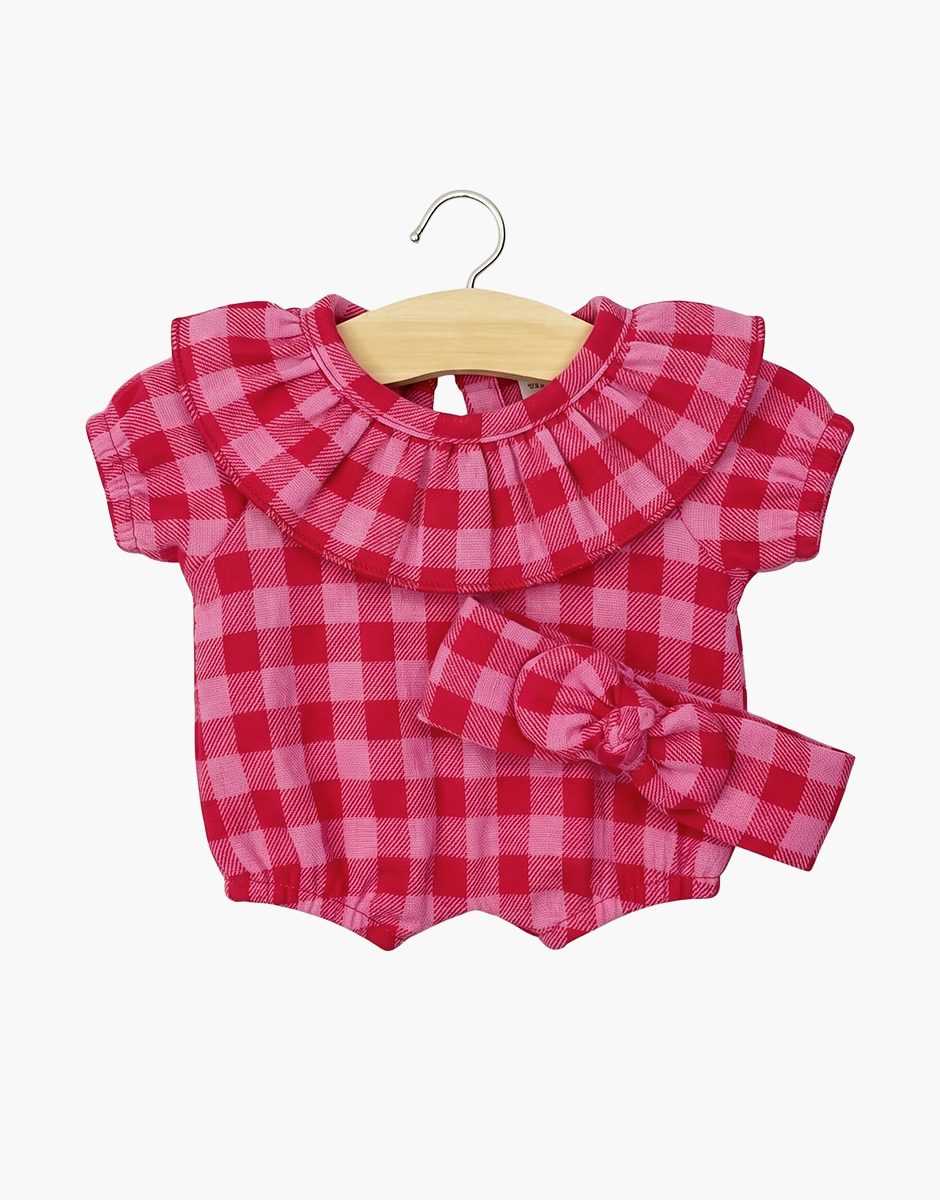 Eva Ruffle-Collar Romper & Headband in Cherry Gingham Flannel, Babies – Minikane