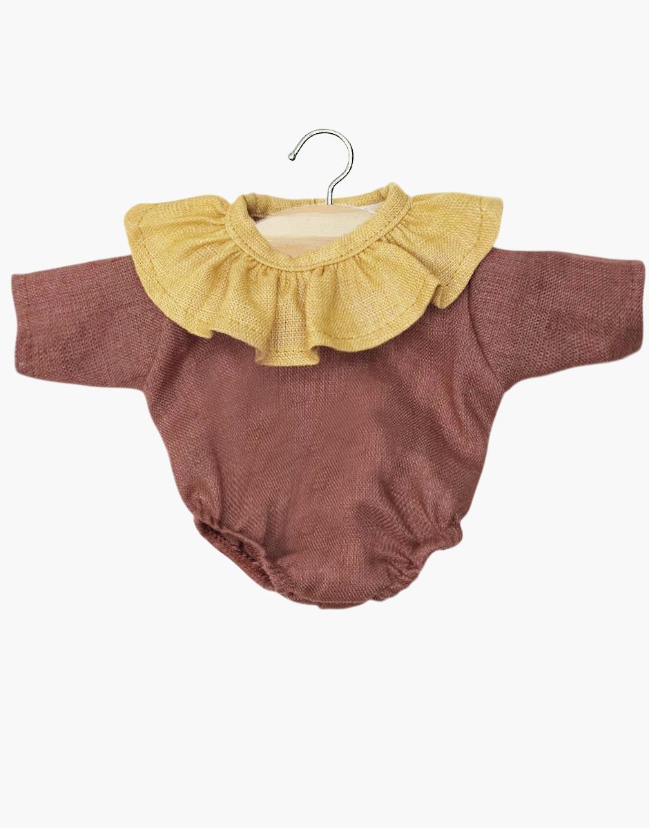Minikane Colette ruffle-collar romper in washed linen, bark with oat collar, for Gordis dolls