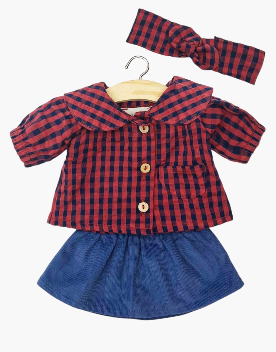 Minikane Back to School girl's set with navy and brick gingham schoolgirl smock for Gordis dolls