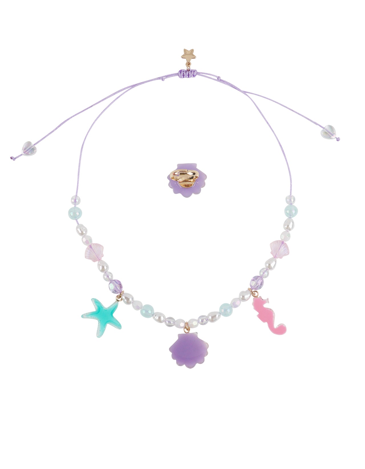 Shell Starfish Seahorse Necklace Ring Set detail - Rurustar