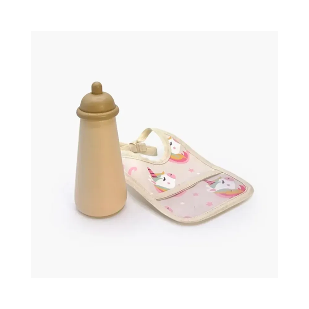 Mini Panchas mealtime accessory set with unicorn bib and wooden bottle by Minikane