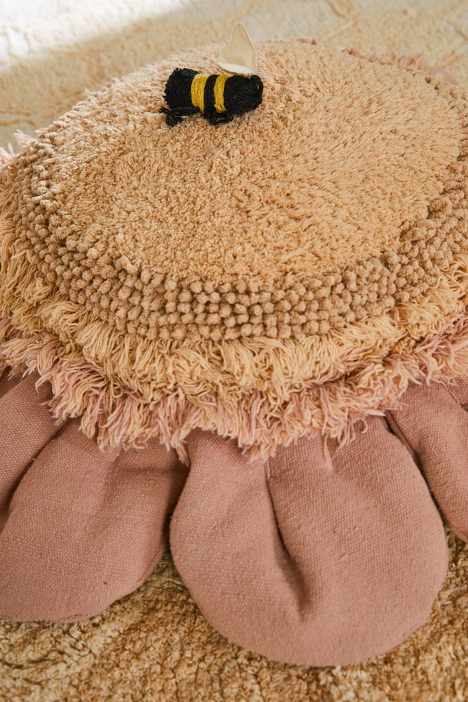 Floor Cushion Pink Daisy on bed - Lorena Canals
