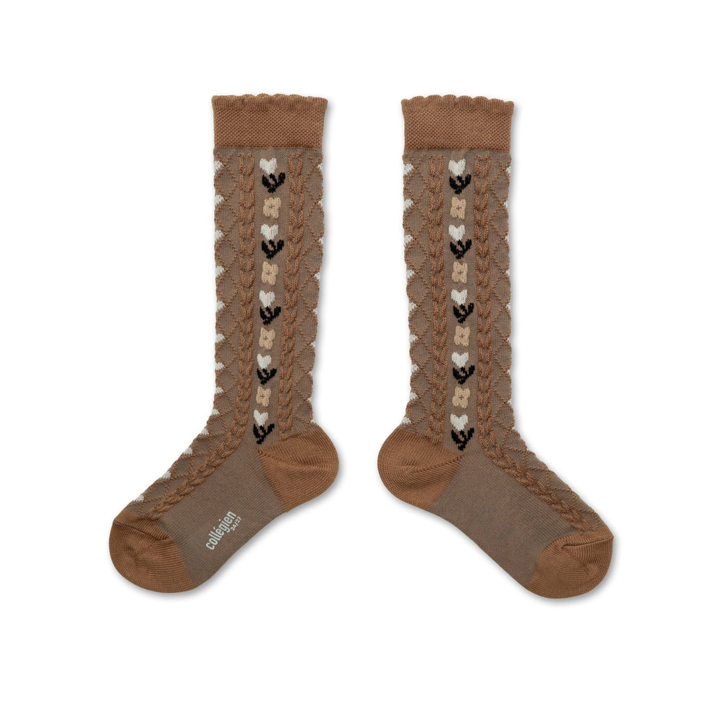 Collégien Désirée Jacquard Hearts and Flowers Knee-High Socks – Biscuit