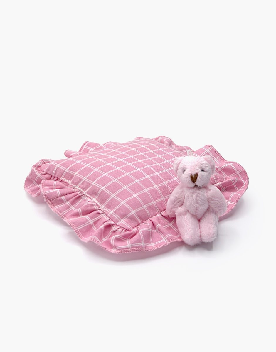 Minikane Mini Panchas night accessory set with pink and white check ruffle pillow