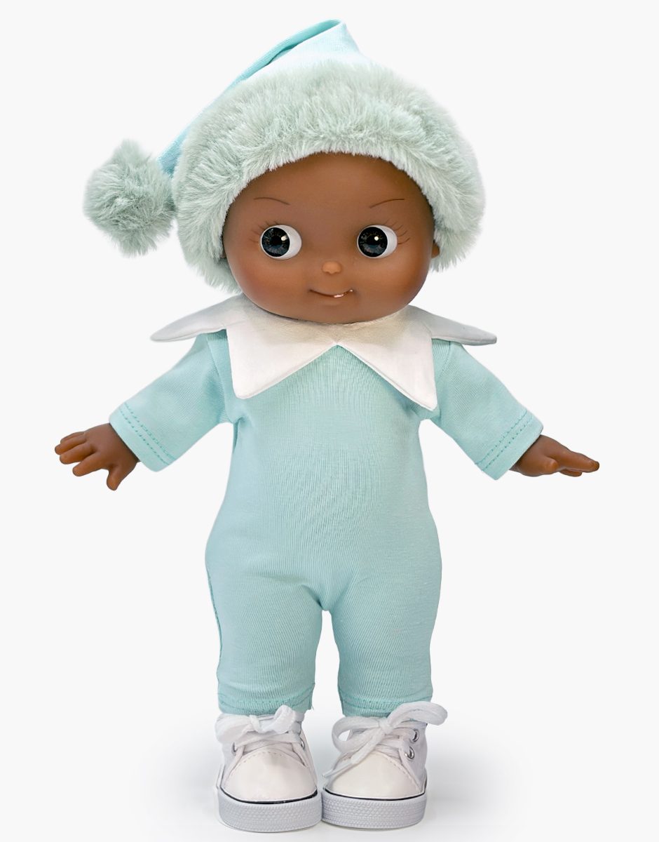 Arsène Mini Pancha doll in mint elf outfit styled with sneakers by Minikane